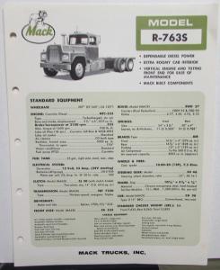1966 Mack Trucks Model R 763S Standard Specifications Sheet Original