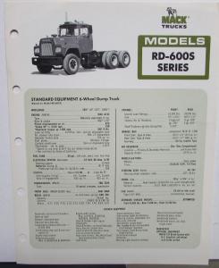 1976 Mack Trucks Model RD 600S Standard Specifications Brochure Original