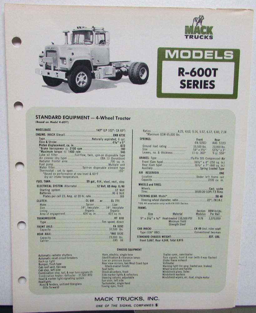 1974 Mack Truccks Model R 600T Standard Specifications Brochure Original