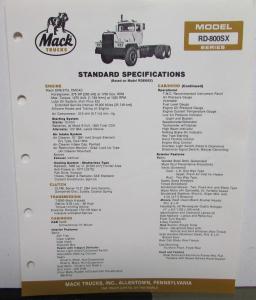 1984 Mack Trucks Model RD 800SX Standard Specifications Sheet Original