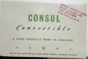 1953 Ford Consul Convertible English Sales Brochure Poster Original