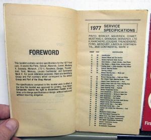 1977 Ford Car Service Specs Mustang II Thunderbird Cougar Ranchero Lincoln Merc