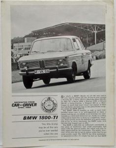 1965 BMW 1800 TI Car and Driver Reprint Road Test Article Arpil 1965 Issue