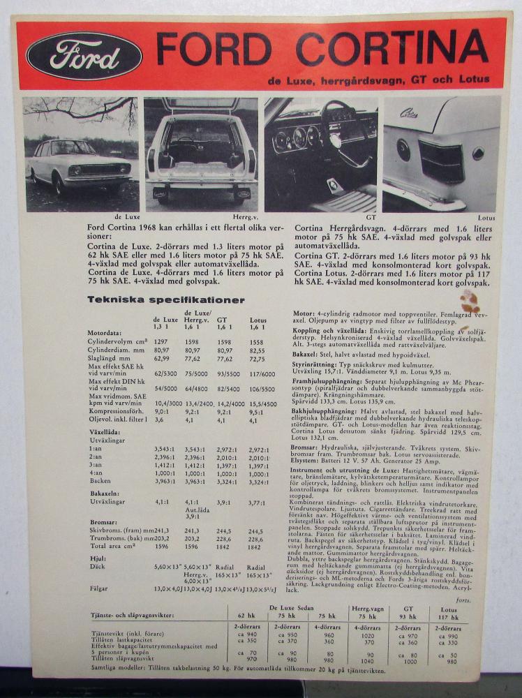 1970 1971 1972 Ford Cortina English Swedish Text Specification Sheet Original