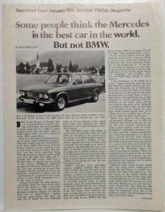 1970 BMW 2800 Motor Trend January Reprint Road Test Article