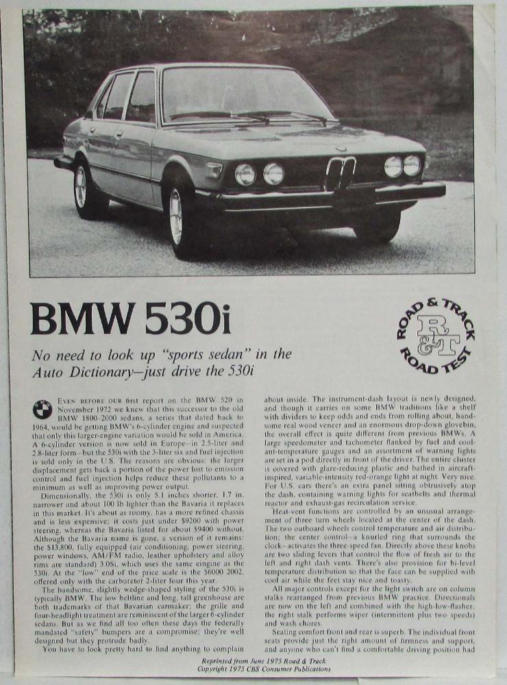 1975-1976 BMW 530i Road and Track June Reprint Article