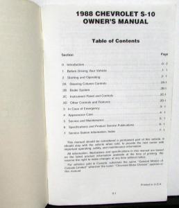 1988 Chevrolet Truck S10 Pickup Owners Manual