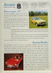 1974 Jensen Interceptor III and Jensen-Healey Sales Spec Sheet