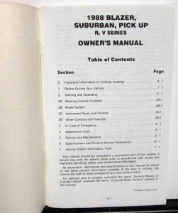 1988 Chevrolet Truck R V Series Jimmy Blazer Suburban Pickup Owners Manual