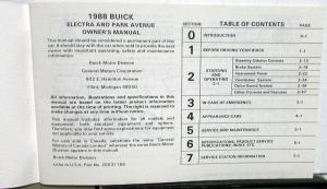 1988 Buick Electra & Park Avenue Owners Operators Manual Original