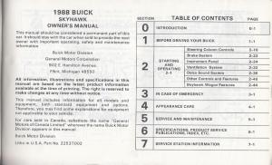 1988 Buick Skyhawk Owners Operators Manual Original