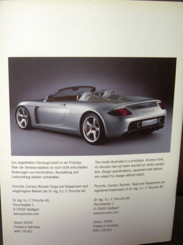 2000 Porsche Sales Brochure Carrera GT Prototype German & English Text Rare