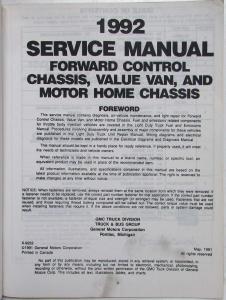 1992 GMC Lt Duty Forward Control and Value Van and Motor Home Service Manual