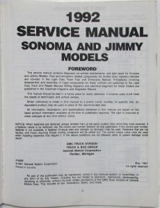 1992 GMC Sonoma and Jimmy Service Shop Repair Manual