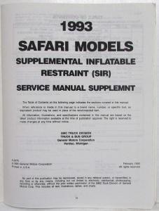 1992 GMC Safari Supplemental Inflatable Restraint Service Shop Manual Supplement