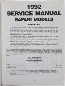 1992 GMC Safari Models Service Shop Repair Manual