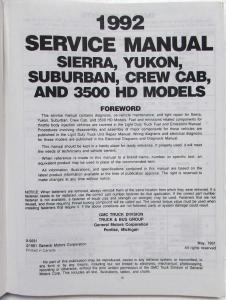 1992 GMC Truck Sierra Yukon Suburban Crew Cab 3500 HD Models Service Shop Manual