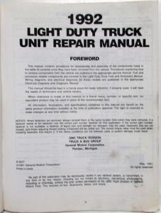 1992 GMC Light Duty Truck Unit Repair Service Shop Manual 1500 2500 3500 Pickup