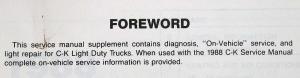 1988 GMC Light Duty Truck C and K Models Service Shop Repair Manual Supplement