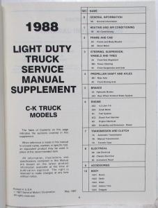 1988 GMC Light Duty Truck C and K Models Service Shop Repair Manual Supplement