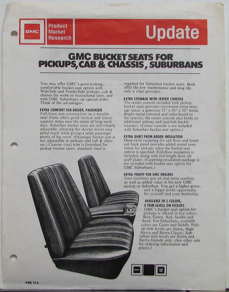 1975 1976 GMC Bucket Seats Pickup Cab Chassis Suburban Parts Update Sheet Orig
