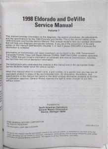 1998 Cadillac DeVille DeVille dElegance Concours Eldorado Service Manual - 3 Vol