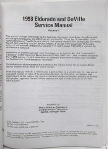 1998 Cadillac DeVille DeVille dElegance Concours Eldorado Service Manual - 3 Vol