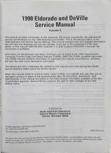 1998 Cadillac DeVille DeVille dElegance Concours Eldorado Service Manual - 3 Vol