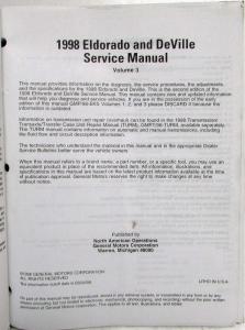 1998 Cadillac DeVille DeVille dElegance Concours Eldorado Service Manual - 3 Vol