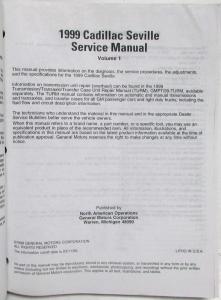 1999 Cadillac Seville Service Shop Repair Manual - 2 Volume Set