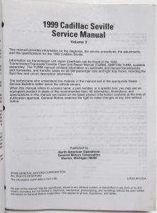 1999 Cadillac Seville Service Shop Repair Manual - 2 Volume Set