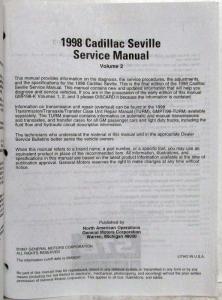 1998 Cadillac Seville Service Shop Repair Manual - 3 Volume Set