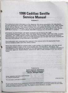 1998 Cadillac Seville Service Shop Repair Manual - 3 Volume Set