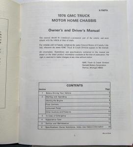 1976 GMC Motor Home Chassis Truck Owners Drivers Manual Original CHASSIS ONLY