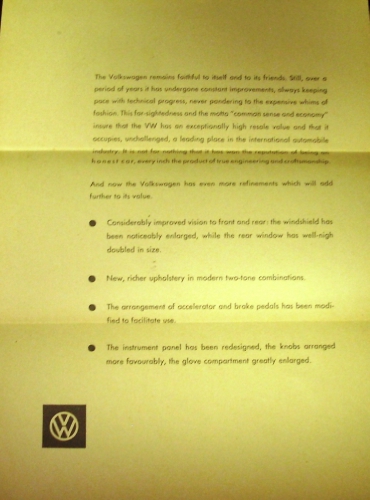 1958 Volkswagen VW Sales Brochure Leaflet Sedan Standard De Luxe