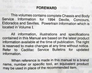1994 Cadillac DeVille Concours Eldorado Seville Service Shop Manual - Vol 2 Only