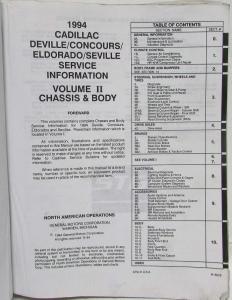 1994 Cadillac DeVille Concours Eldorado Seville Service Shop Manual - Vol 2 Only