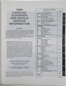 1989 Cadillac Eldorado Seville Service Shop Repair Manual