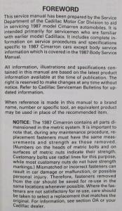 1987 Cadillac Cimarron Service Shop Repair Manual