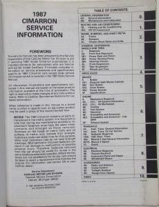 1987 Cadillac Cimarron Service Shop Repair Manual