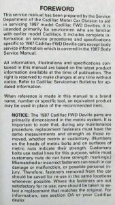 1987 Cadillac DeVille and Fleetwood Service Shop Repair Manual
