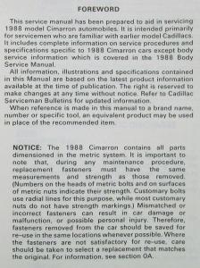 1988 Cadillac Cimarron Service Shop Repair Manual