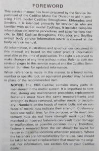 1985 Cadillac Service Shop Repair Manual Final Ed - Brougham Eldorado Seville