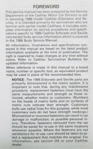1986 Cadillac Service Shop Repair Manual Final Edition - Eldorado and Seville