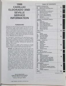 1986 Cadillac Service Shop Repair Manual Final Edition - Eldorado and Seville