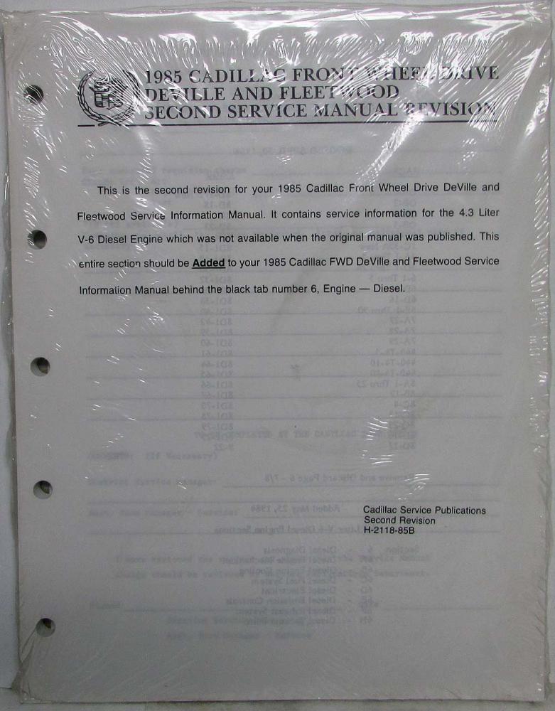 1985 Cadillac FWD DeVille Fleetwood Service Manual - 2nd Service Manual Revision