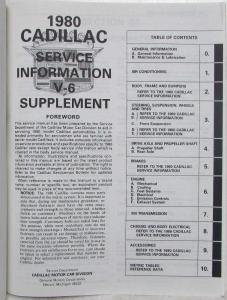 1980 Cadillac Service Shop Repair Manual V-6 Supplement