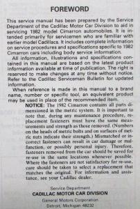 1982 Cadillac Cimarron Service Shop Repair Manual
