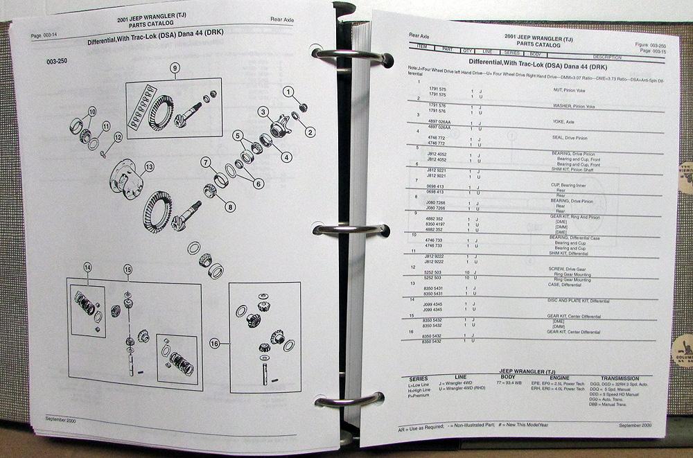 2001 Jeep Wrangler Dealer Parts Book Catalog TJ Chassis Body Trim