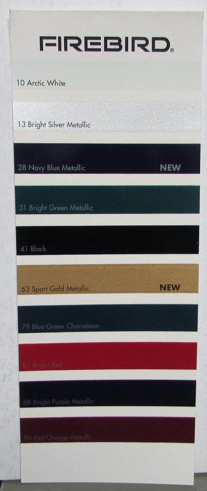 1998 Pontiac Firebird Dealer Exterior Colors Paint Chips Sales Card Handout